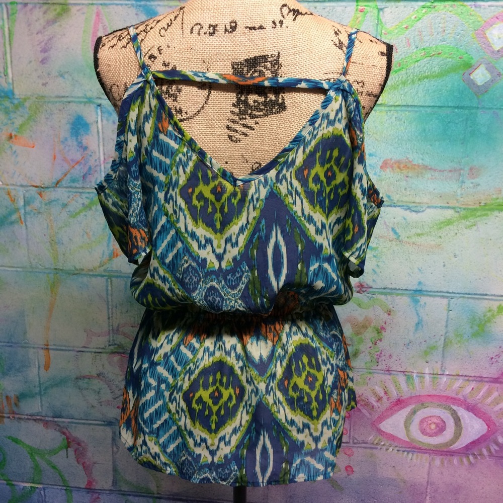 NWOT Sheer Patterned Cold Shoulder Blouse - Picture 1 of 5